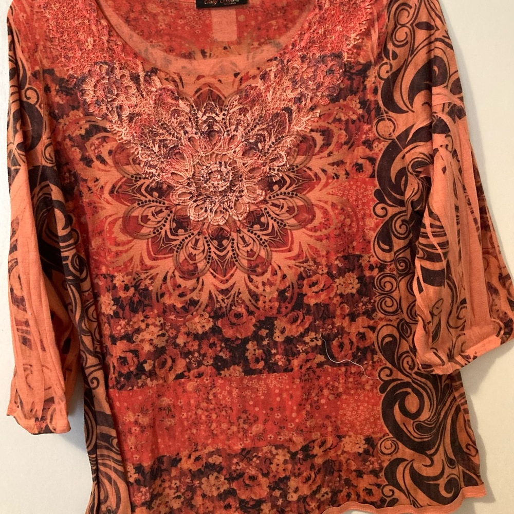 Bright sunset & black colored, "mandala-look" blouse